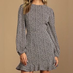 XL. Black Floral Print Long Sleeve Mini Dress